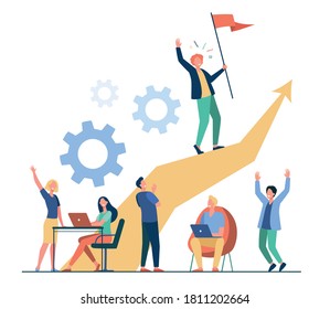 Business leader standing on arrow and holding flag flat vector illustration. Cartoon people training and doing business plan. Leadership, victory and challenge concept