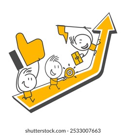 Business leader standing on arrow and holding flat flag. Concept of leadership, victory and challenge. People are training and making business plan.