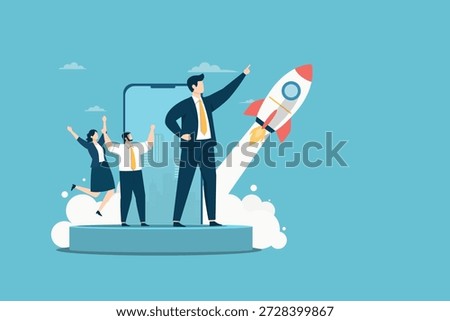 A business leader stands on a platform pointing toward a launching rocket while his team celebrates. This flat artwork represents startup success, leadership, and rapid company growth.