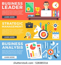 Business leader, strategic management, business analysis flat illustration concepts set. Flat design graphics for web sites, web banners, printed materials, infographics. Modern vector illustrations