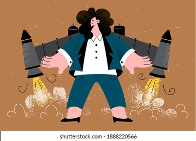 Business leader, success in work, startup concept. Confident business woman standing with jetpack feeling ready to start and launch new project or business in office vector illustration 