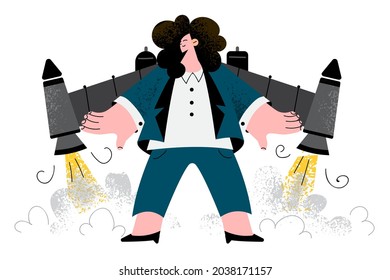 Business leader, success in work, startup concept. Confident business woman standing with jetpack feeling ready to start and launch new project or business in office vector illustration 