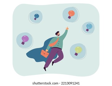 Business leader superhero flying among light bulbs in sky. Success marketing innovation, idea of man flat vector illustration. Leadership concept for banner, website design or landing web page