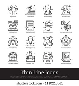 Business leader, teamwork, corporate management thin line icons. Modern linear logo concept for web, mobile application. Businessman, human resources, team building symbols. Outline vector set.