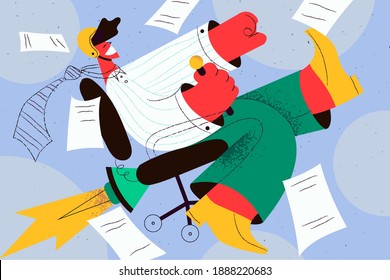 Business leader, technology, success in work concept. Confident smiling young businessman rolling with rocket motor to office meaning success, confidence and leadership vector illustration 