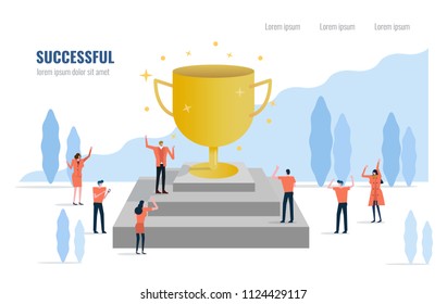 business leader with a trophy and his team celebrating their success. Flat design element. vector illustration