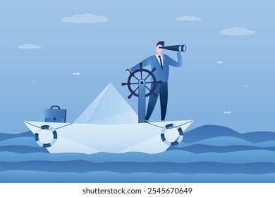 Business leader uses binoculars and rudder for sailing on paper boat in ocean of opportunities to goals. Businessman on origami ship. Leadership. Global vision, creativity. Search ideas for business.