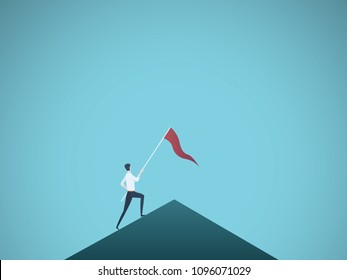 Business leader vector concept with businessman planting flag on top of mountain. Symbol of success, achievement, victory, top career and leadership. Eps10 vector illustration.