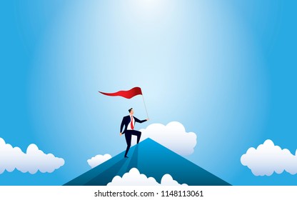 Business leader vector concept with businessman planting flag on top of mountain.