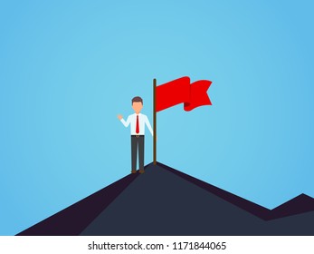 Business leader vector concept with businessman planting flag on top of mountain in flat style