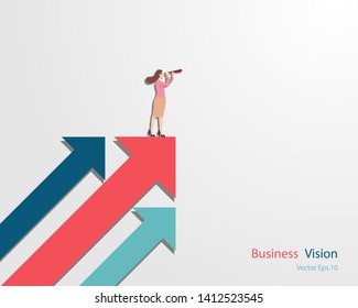 Business leader vector concept. Business woman holding binocular standing on arrow looking up to success goal, Woman in business, Leadership, Vision, Vector illustration flat