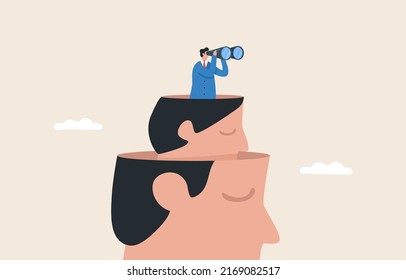 Business Leader Vision. looking for new opportunities add knowledge or the strategy of a business or organization. Large human head and a man with binoculars business goal search.