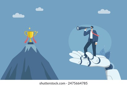 Business leader working with artificial intelligence, Developing company growth with the support of AI, Businessman standing with telescope on robot hand looking at trophy. Vector illustration.