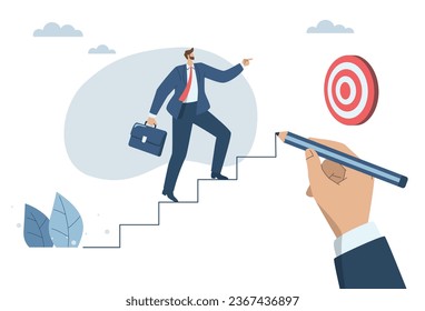 Business leaders or corporate consultants provide advice and assistance to the company's employees. Leading you to business success, Big hand uses pencil to draw stairs helping businessman walk up.