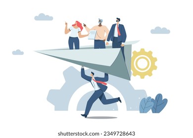 Business leaders or experts provide advice, advice to employees. or beginner successful business development, Businessman manager launches paper plane with teammates. 
Vector design illustration.