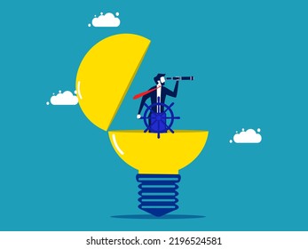 Business leaders have visions. businessman controls the steering wheel with binoculars on a light bulb