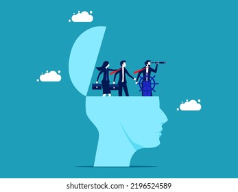 Business leaders have visions. businessman controls the steering wheel with binoculars on head