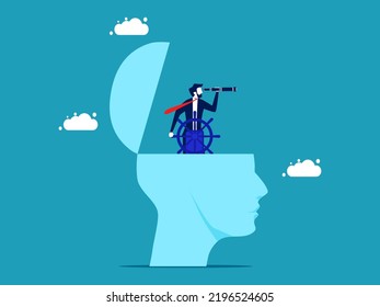 Business leaders have visions. businessman controls the steering wheel with binoculars on head
