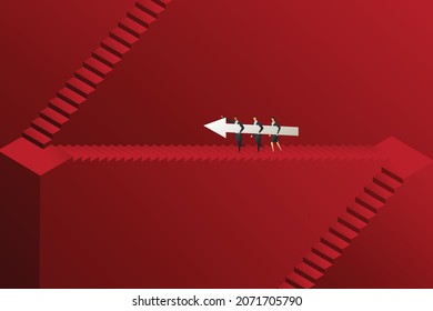 Business Leaders Lead Team Members Holding Arrows Up The Stairs To Set Goals And Accomplishments. Moving Forward Together Teamwork. Isometric Vector Illustration.