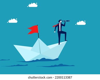 Business leaders look through binoculars on paper boats defying crisis. vector