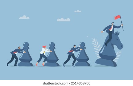 Business leaders rides a knight chess lead their teams to fight according to the planned strategy, Winning by planning, Strategic planning for business teams to success together. Vector design.