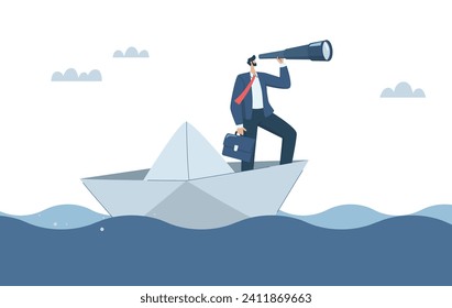 Business leaders search for investment opportunities, Vision to look forward amidst obstacles, Predicting or discovering new ideas, Businessman with binoculars on paper boat in the sea.