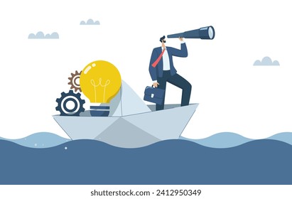 Business leaders search for investment opportunities, Vision to overcome obstacles, Predicting or discovering new ideas, Businessman with binoculars on paper boat carrying light bulbs in the sea.