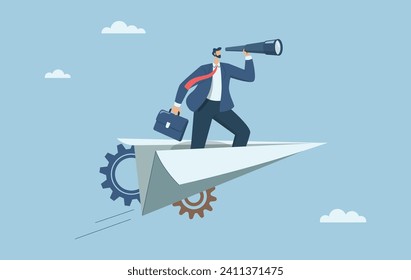 Business leaders search for business opportunities, Look ahead, Forecast future investments or discover new ideas, Businessman with binoculars on paper airplane in the sky. Vector design illustration