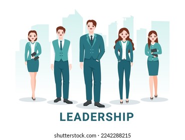 Business Leadership with Businessman Leader Helps the Team to Develop Themselves to Success in Flat Cartoon Hand Drawn Templates Illustration