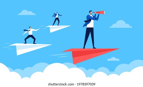 Business leadership. Businessmen flying on paper planes, going to success, following leader. Leadership and teamwork vector concept. Manager forecasting strategy solution with spyglass