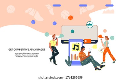 Business leadership and career growth opportunity, advantages in market competition - web banner template with young business people characters. Flat cartoon vector illustration.