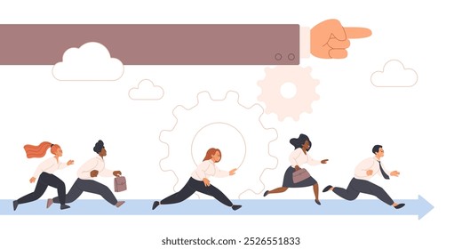 Business leadership, career races with ambitions, employment, corporate challenge. Big hand of employer, leader or boss pointing direction goal of team of employees to run cartoon vector illustration