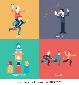 Business leadership character scenes concept  icons set  modern trendy flat vector illustration