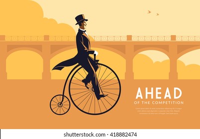 Business Leadership and Competitive Edge Concept. Elegant Businessman riding a retro bike.