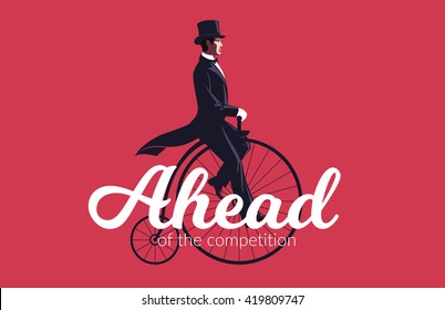 Business Leadership and Competitive Edge Concept. Elegant Businessman riding a retro bike.