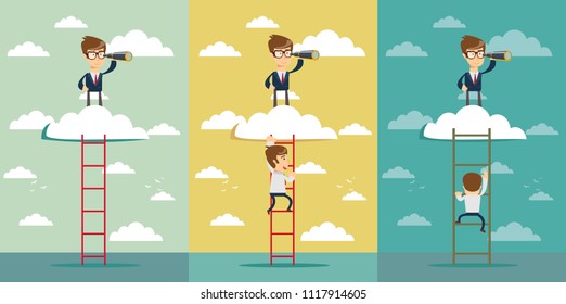Business leadership concept with businessman standing on a ladder going throught the cloud and looking to future with telescope. Stock flat vector illustration. Set