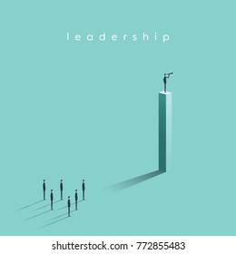 Business leadership concept with businessman standing on high position with his team, looking through telescope. Symbol of success, achievement, future. Eps10 vector illustration.