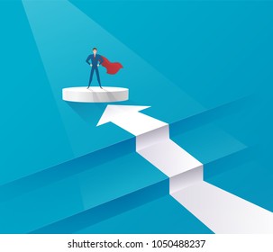 Business leadership concept with businessman superhero leader standing on the podiums elevation and the path that he overcame in the form of high stairs, an arrow indicating the direction to the goal