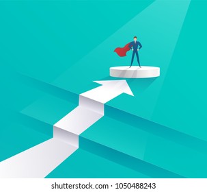 Business leadership concept with businessman superhero leader standing on the podiums elevation and the path that he overcame in the form of high stairs, an arrow indicating the direction to the goal