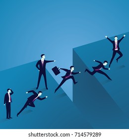 Business Leadership Concept. Businessmen Led to Across Gap Challenge
