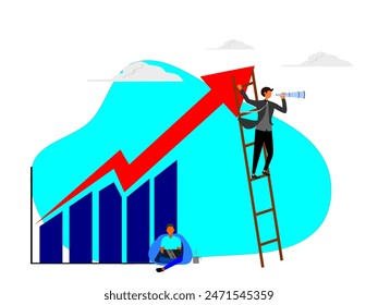 Business leadership. Concept business illustration of someone using a telescope to determine direction and someone sitting with a laptop working as a driver.