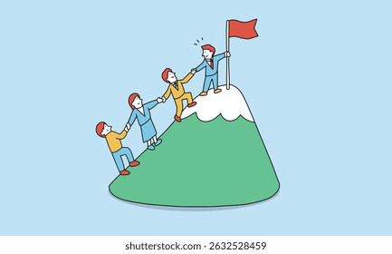 Business leadership concept illustration. Business team moving towards goal