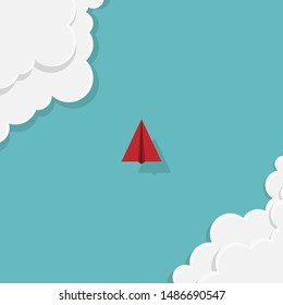 Business leadership concept. Red paper plane flying on the sky with clouds. Success, Top view. Vector illustration flat