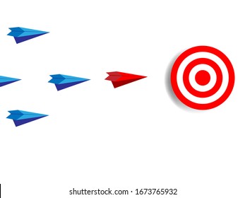 Business leadership concept with RED paper plane leading among blue.