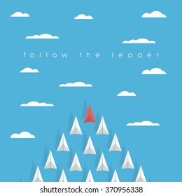 Business Leadership Concept With Red Paper Plane Leading White Airplanes Above Clouds In The Sky. Success, Winner Abstract Illustration. Eps10 Vector Illustration.