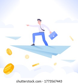 Business leadership concept. Successful businessman flying on paper plane over the clouds. Business success metaphor, vector illustration