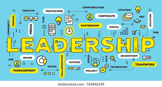 Business leadership concept. Vector creative illustration of leadership yellow word lettering typography with line icons and tag cloud on green background. Thin line art style business banner design
