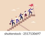 Business Leadership Concept. Vector illustration in flat style of group of diverse people in business outfits walking up the steps following a leader looking ahead. Isolated on background 