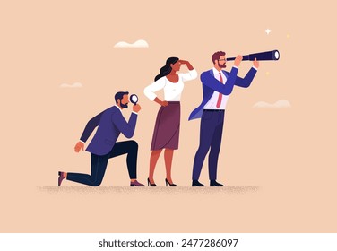 Business Leadership Concept. Vector illustration in flat style of three diverse people in business  outfits looking forward. Isolated on background 