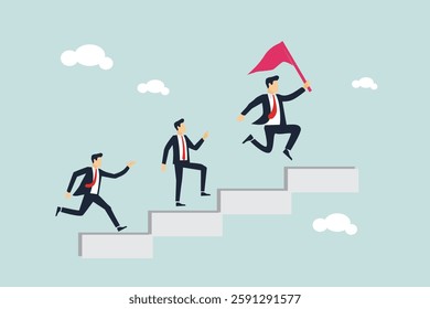 Business Leadership Concept. Vector illustration in flat style of group of diverse people in business outfits walking up the steps following a leader looking ahead. Isolated on background